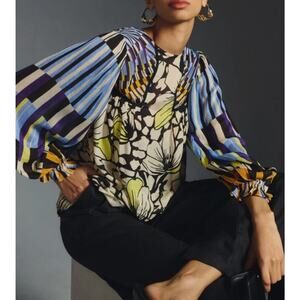 Anthropologie Bl^nk London womens M Multi Miranda Peasant Floral Abstract Blouse